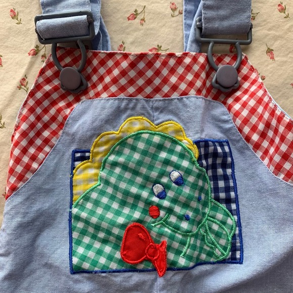 Dinosaur 0-6 Months Denim Baby Overalls Checkered Plaid 90s Vintage - Picture 5 of 8